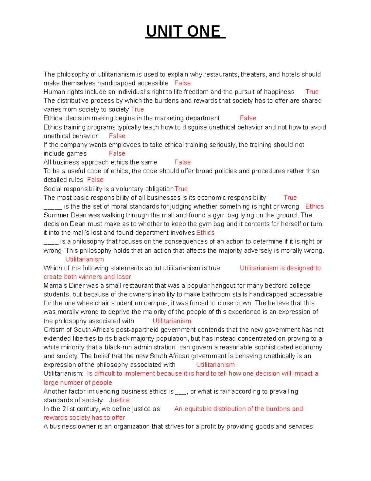 BUS 101 Flash Cards: Unit 1 Study Guide on Business Ethics - Studocu