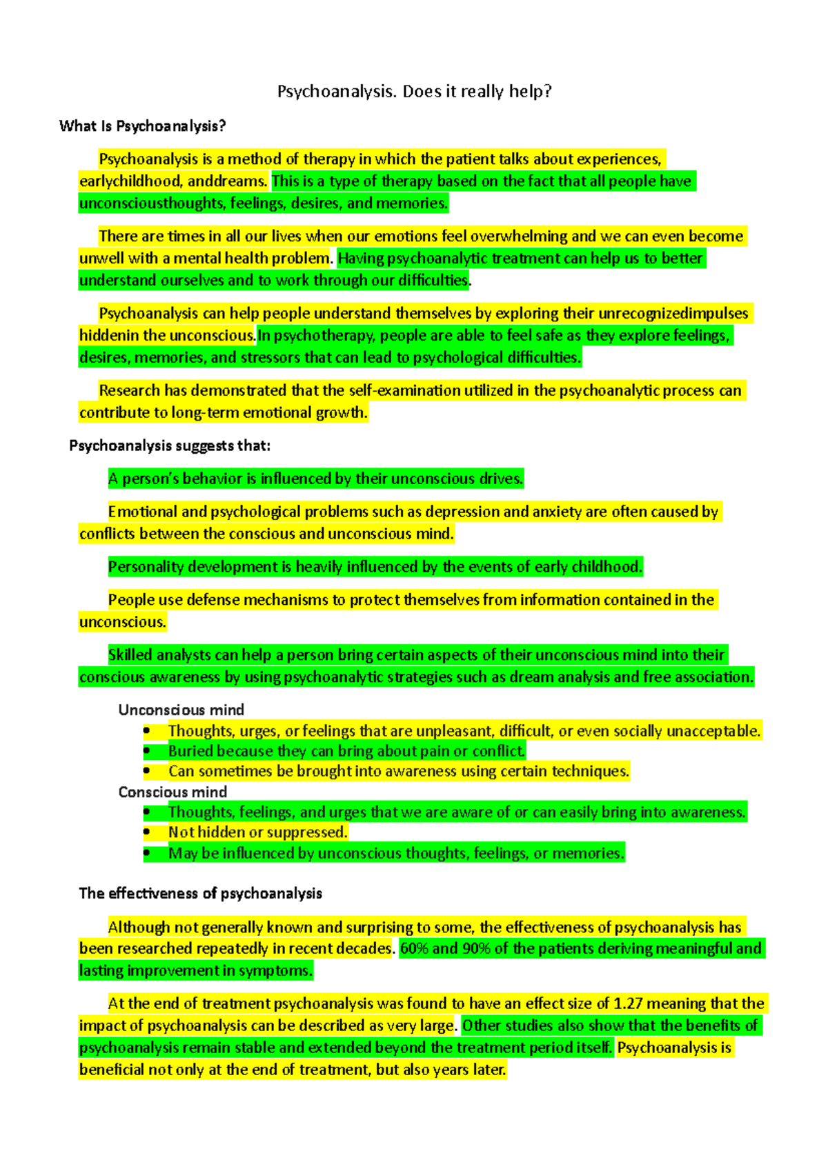 Psychoanalysis: An Insight into Its Effectiveness and Benefits - Studocu