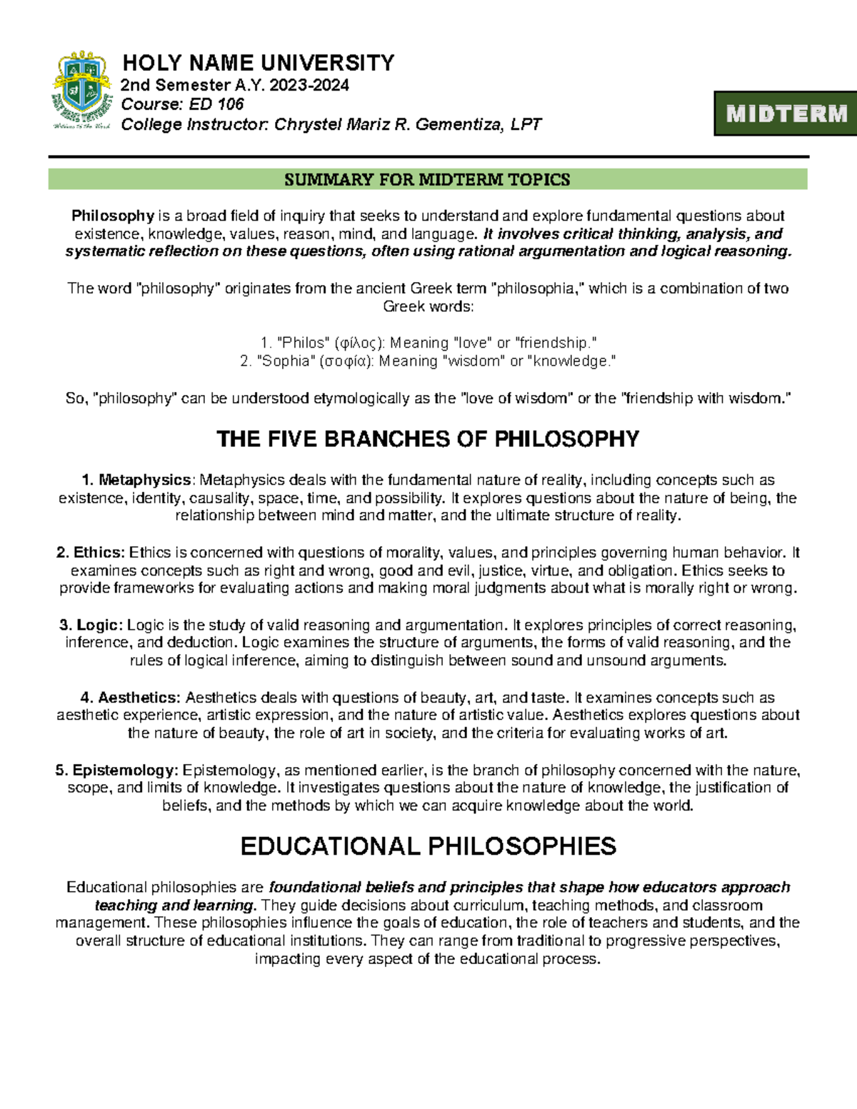 ED 106 - Midterm Review: Key Concepts in Philosophy and Education - Studocu