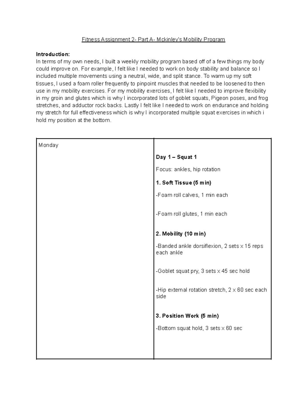 Fitness Assignment 2: Weekly Mobility Program Overview - Studocu