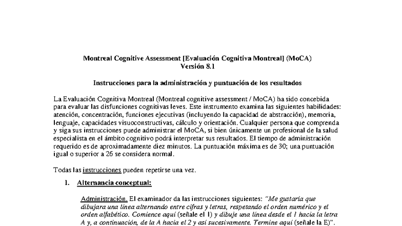 Instrucciones y Puntuación del Test MoCA 8.1 - Studocu