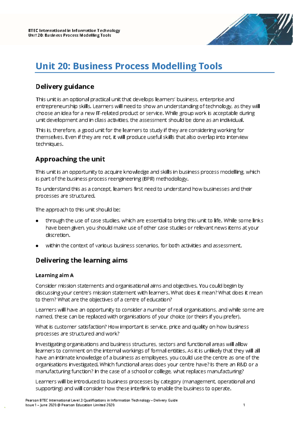 BTEC International Level 3 IT Unit 20: Business Process Modelling Tools ...