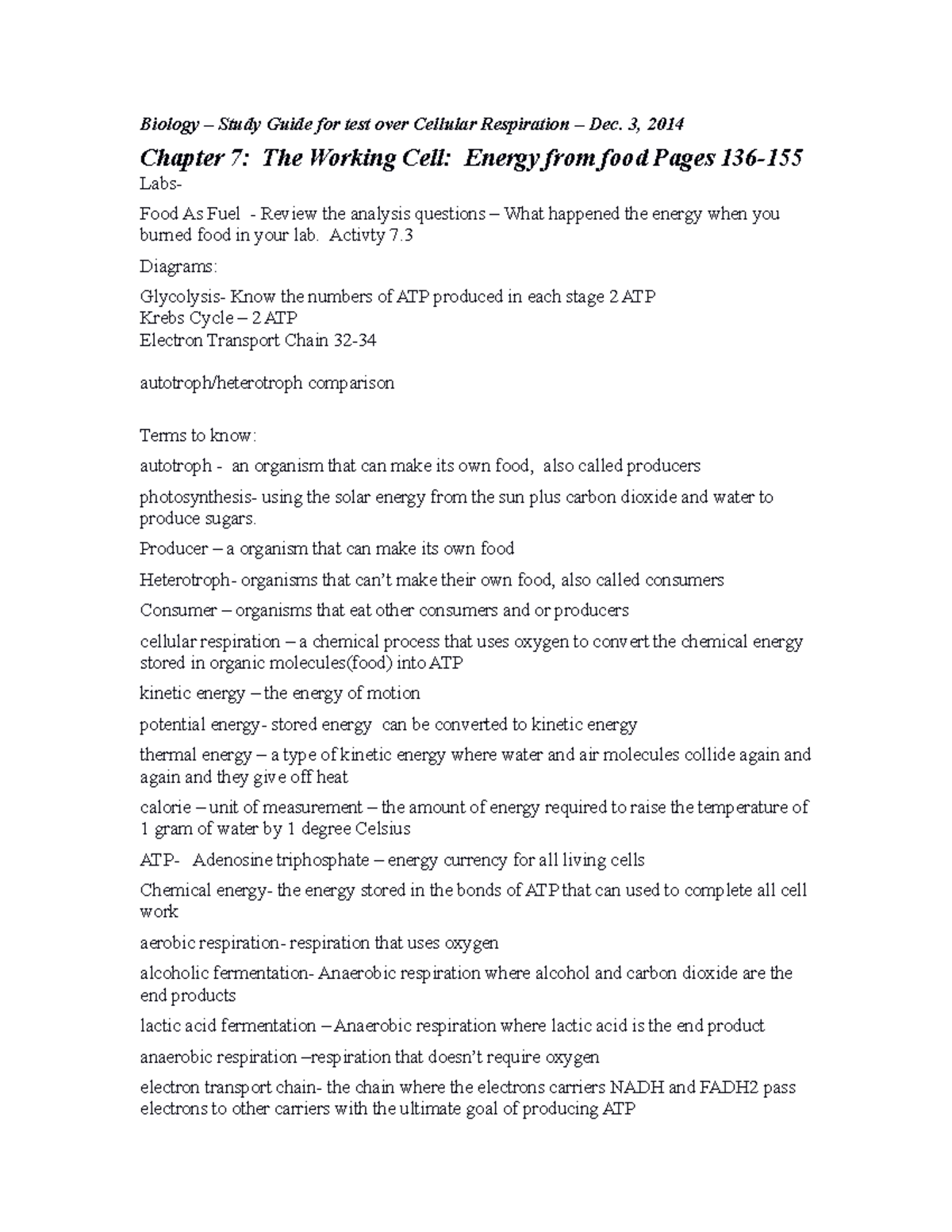Biology Study Guide for Cellular Respiration Test CR 2014 - Studocu