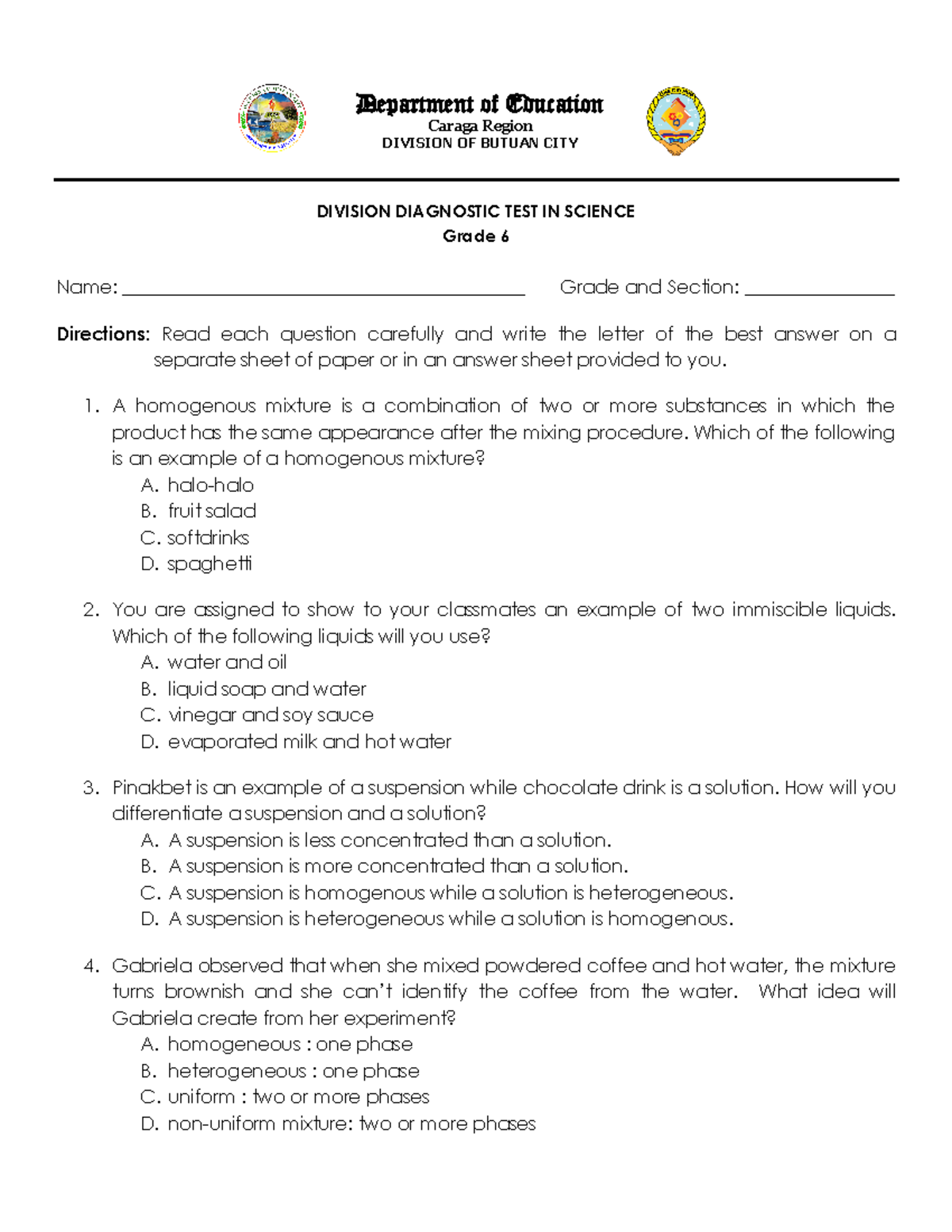 Science 6 Diagnostic Test Questionnaire - DAT - Studocu