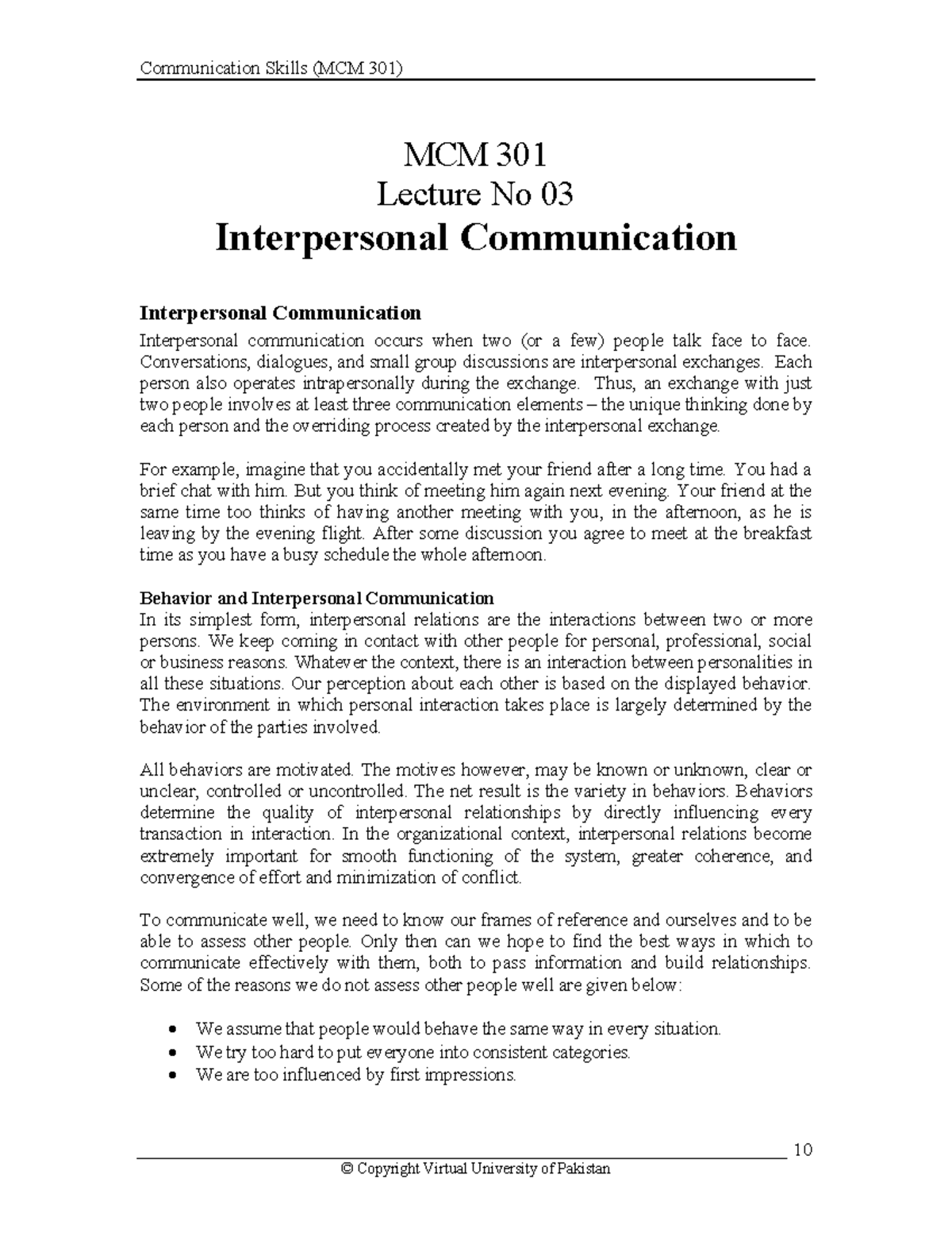 MCM 301 - Lecture 03: Understanding Interpersonal Communication - Studocu