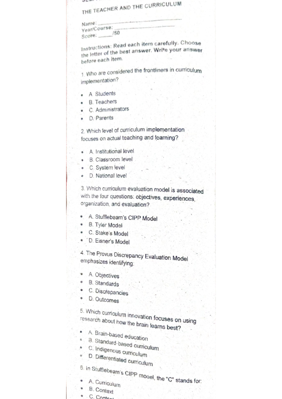 Curriculum Implementation and Evaluation: Insights for EDU 101 - Studocu