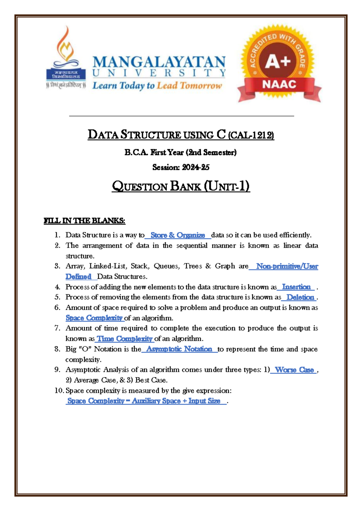 DATA STRUCTURE USING C B.C.A. 1st Year 2nd Sem Question Bank - Studocu