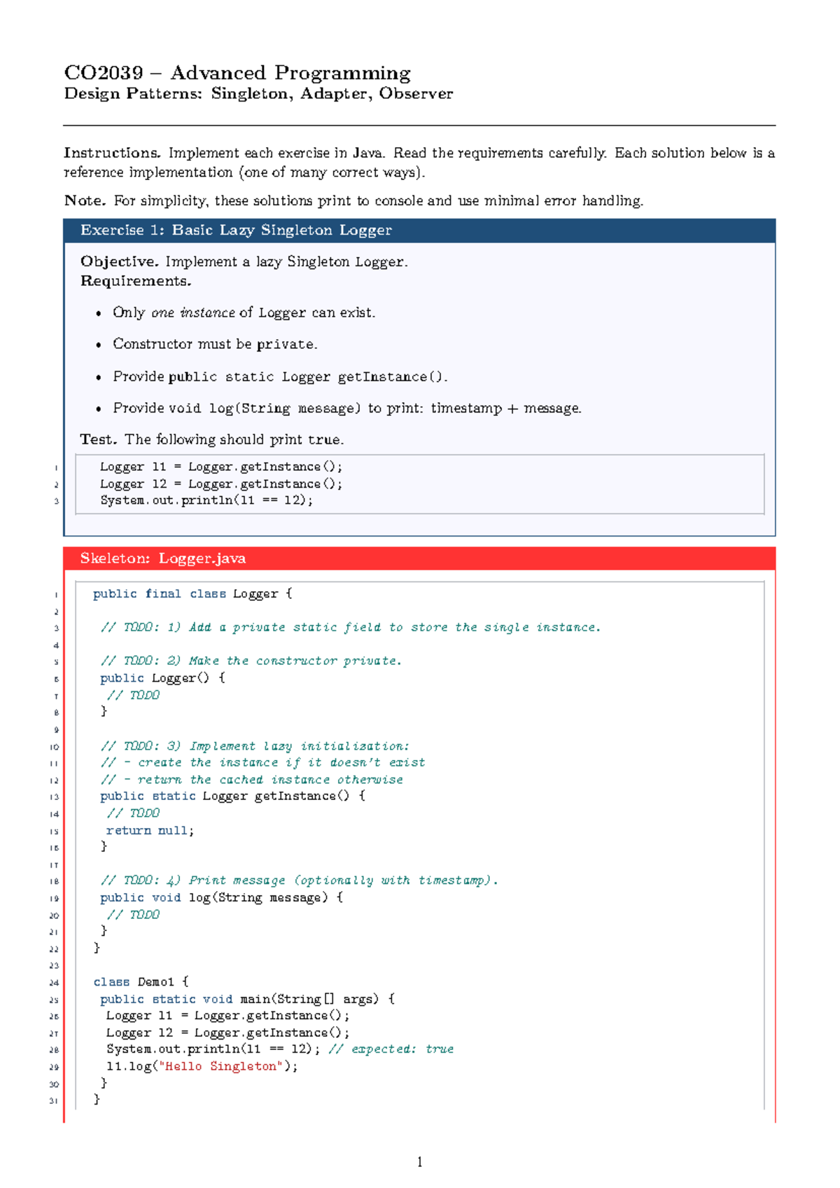 CO2039 Advanced Programming Design Patterns: Implementing Singleton ...