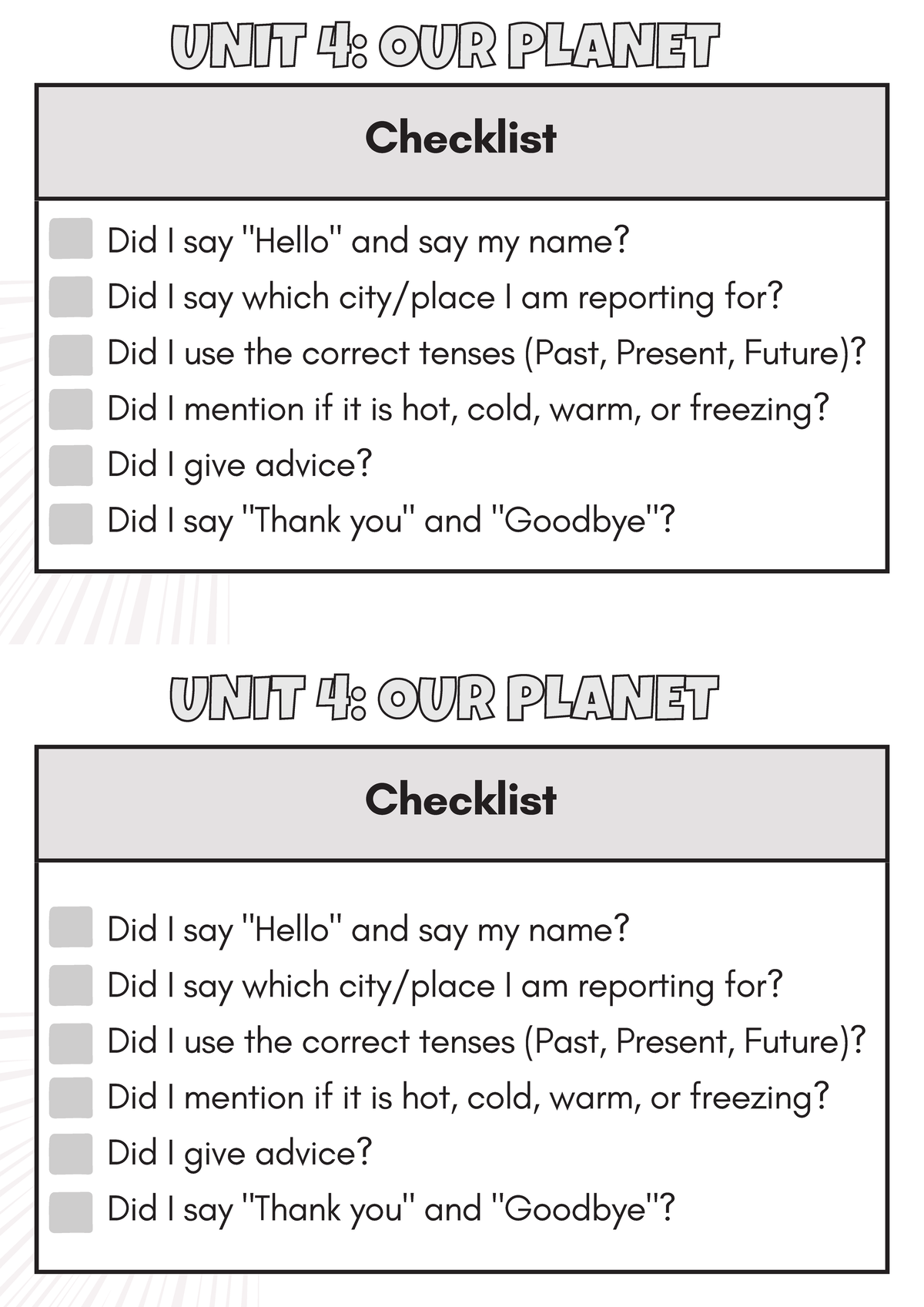 UNIT 4: OUR PLANET Checklist for Student Reports - Studocu
