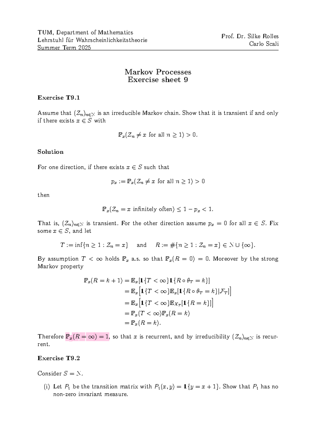 TUM Math 2025: Markov Processes Exercise Sheet 9 Solutions - Studocu