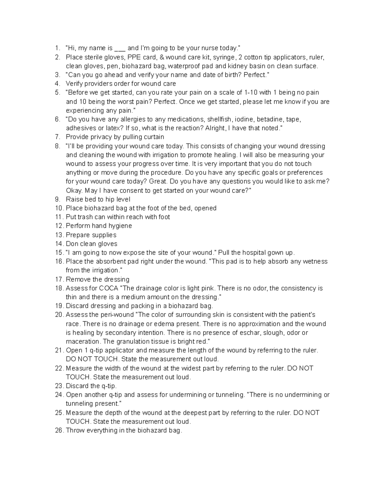 Wound Care Check-off Script for Nursing Practice - Studocu