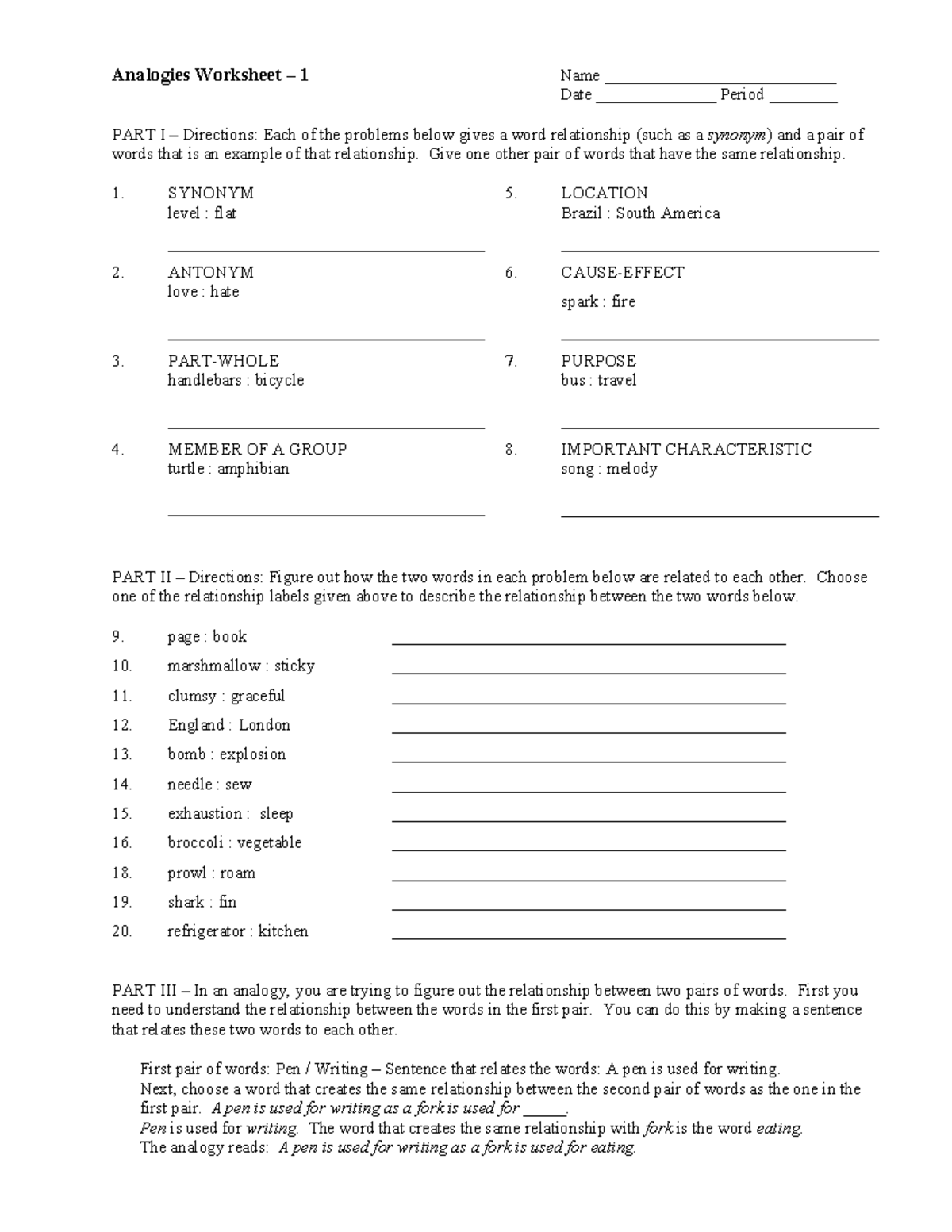 Analogies Worksheet 1: Exploring Word Relationships - Studocu