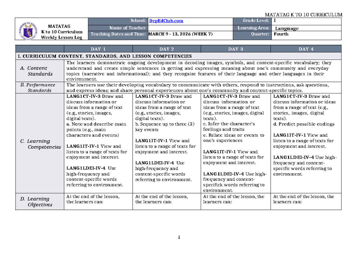 DTC DLL Matatag Language 1 Q4 W7 Weekly Lesson Log - Studocu