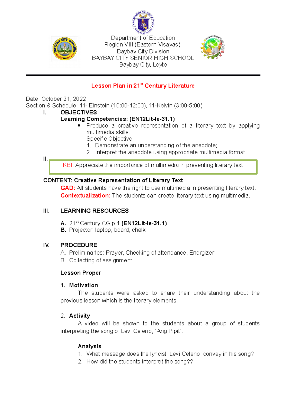 Creative Representation of Literary Text Lesson Plan (EN12Lit-Ie-31.1 ...