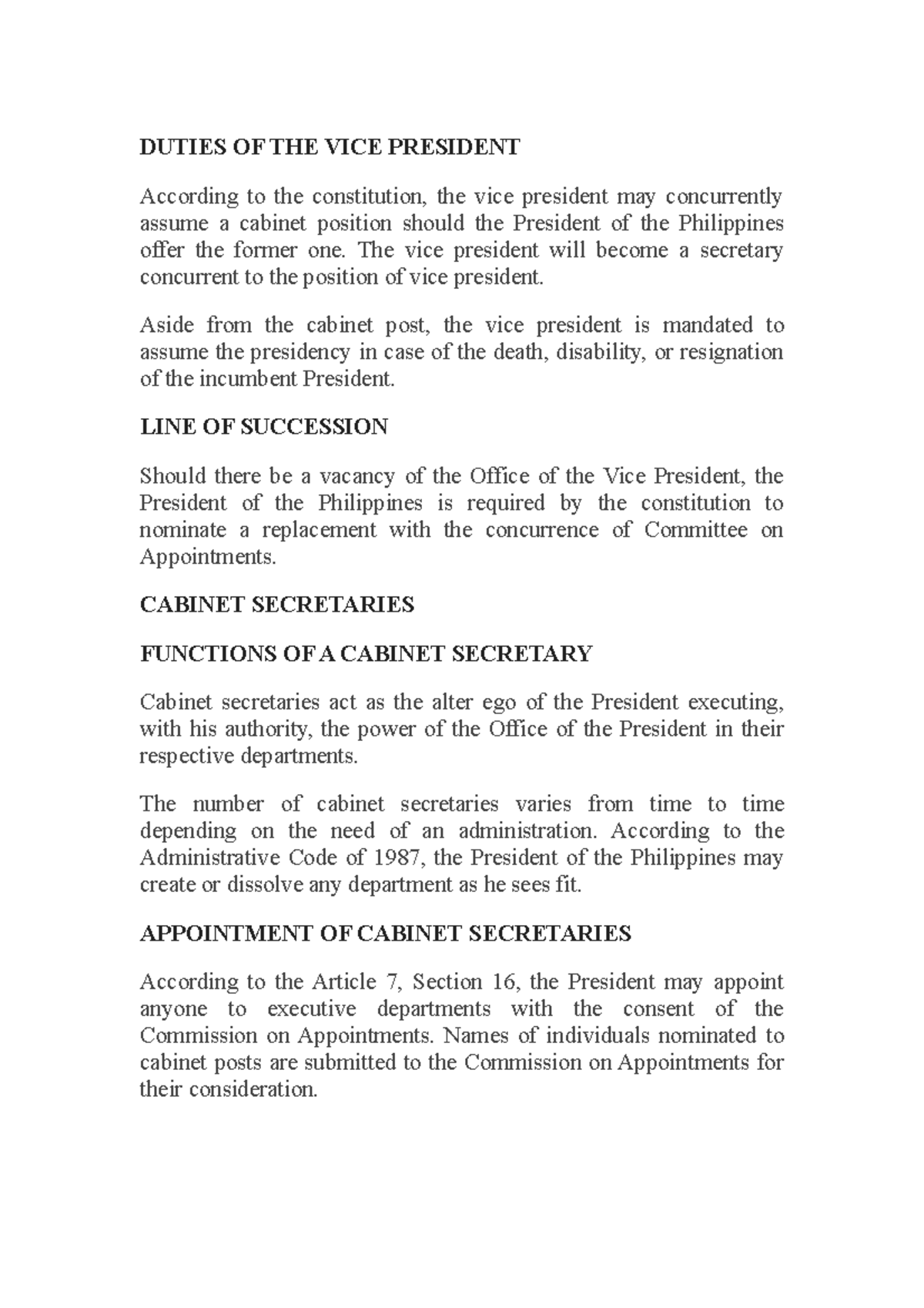 Duties of the Vice President and Cabinet Secretaries in the PH - Studocu