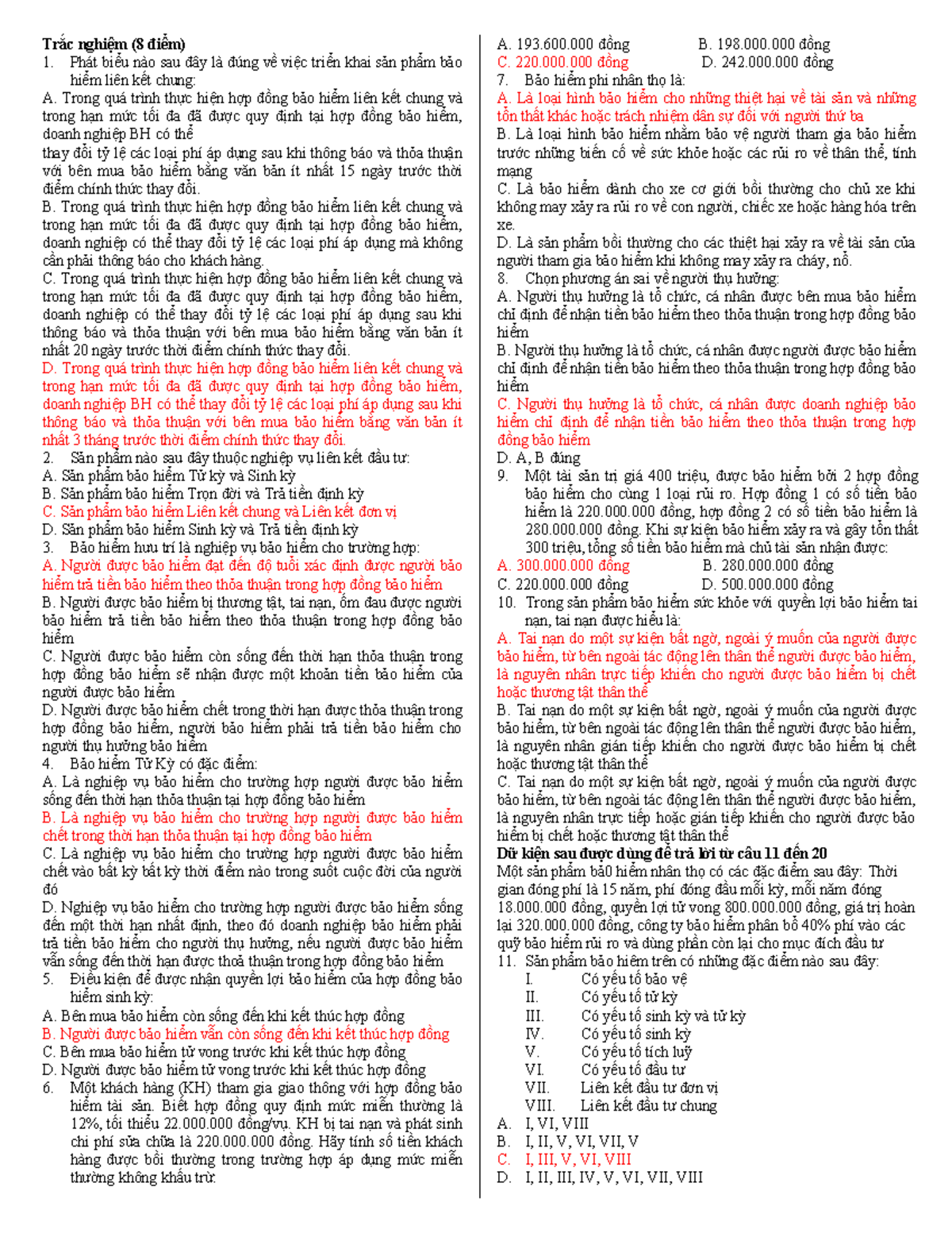 Trắc nghiệm Bảo Hiểm Liên Kết Chung - Test Nháp 2 (8 điểm) - Document Preview