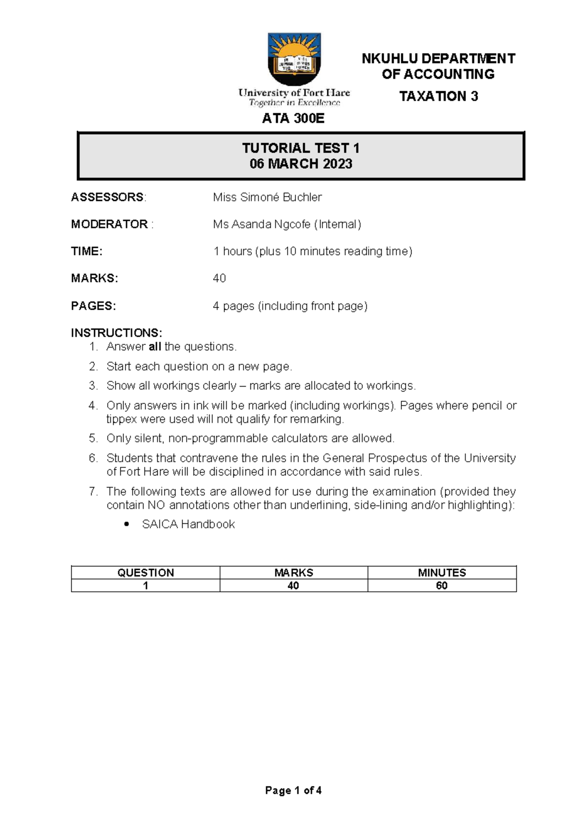 ATA 300E 3rd Year Taxation Tutorial Test 1 - March 2023 - Studocu