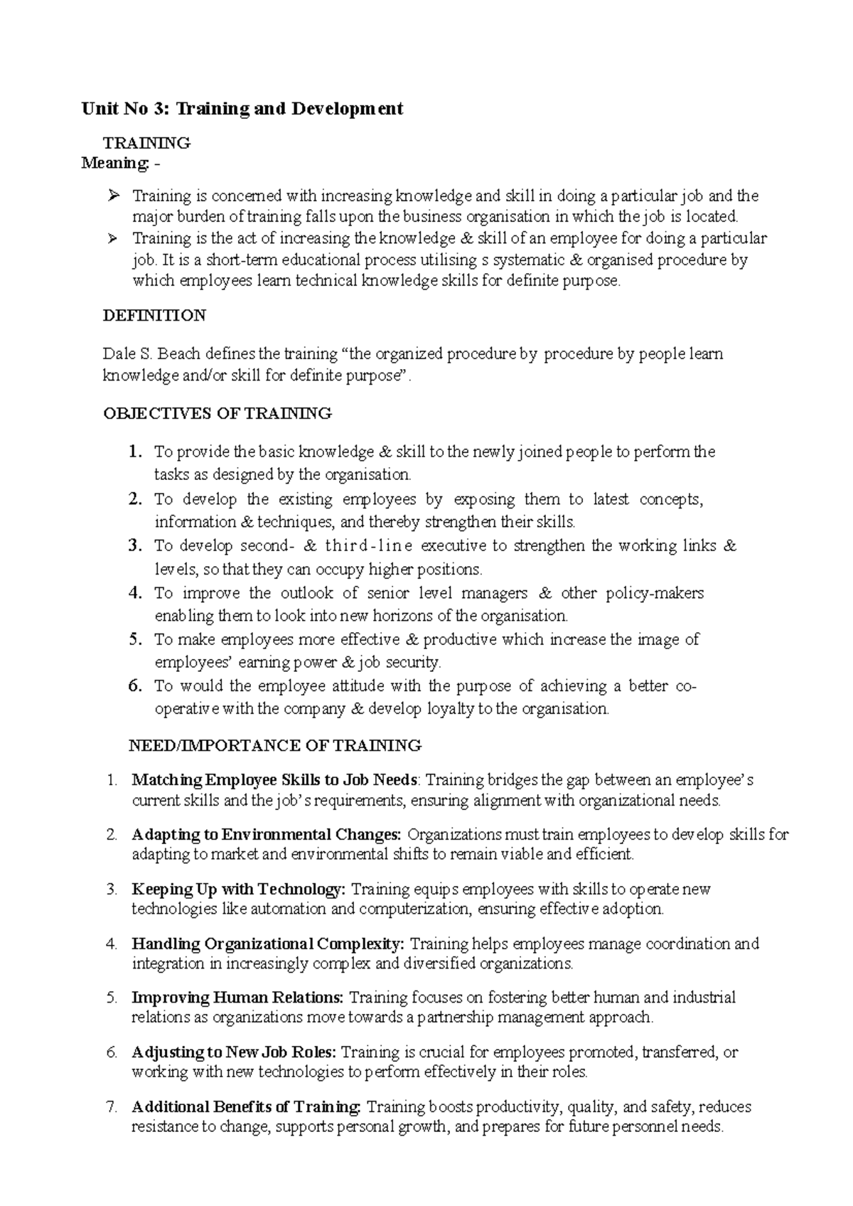 Unit No 3: Human Resources - Training and Development Notes - Studocu