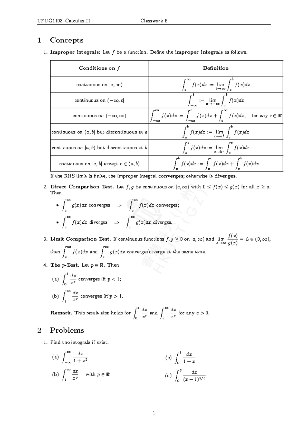 II 1 Classwork 5: Understanding Improper Integrals and Tests - Studocu
