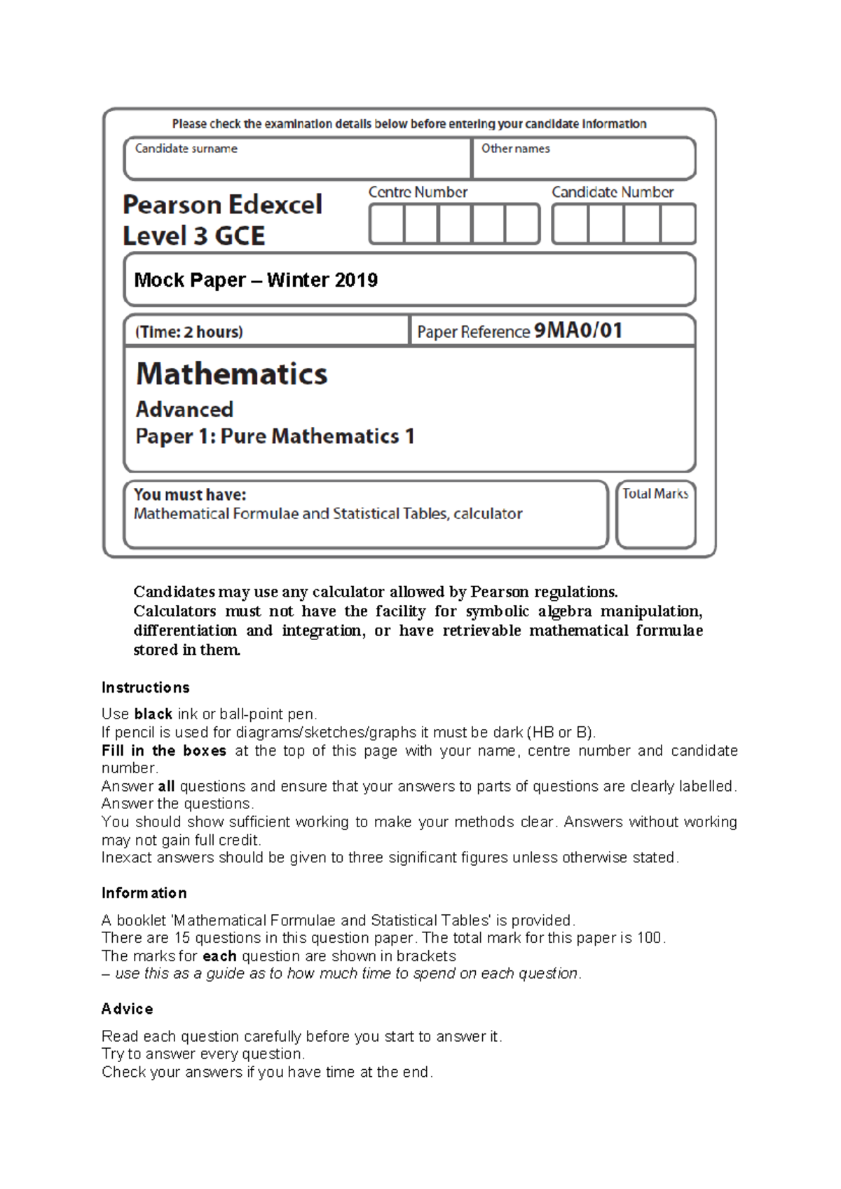 01b Pure Mathematics 1 Mock Exam Paper - Winter 2019 - Studocu