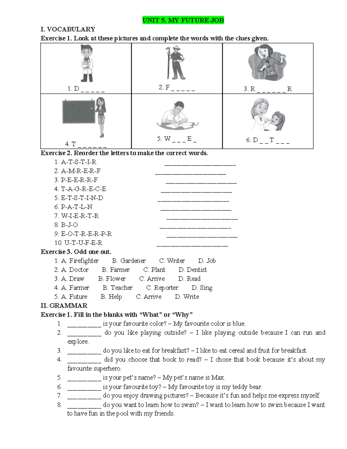 UNIT 5: MY FUTURE JOB - VOCABULARY & GRAMMAR EXERCISES - Studocu