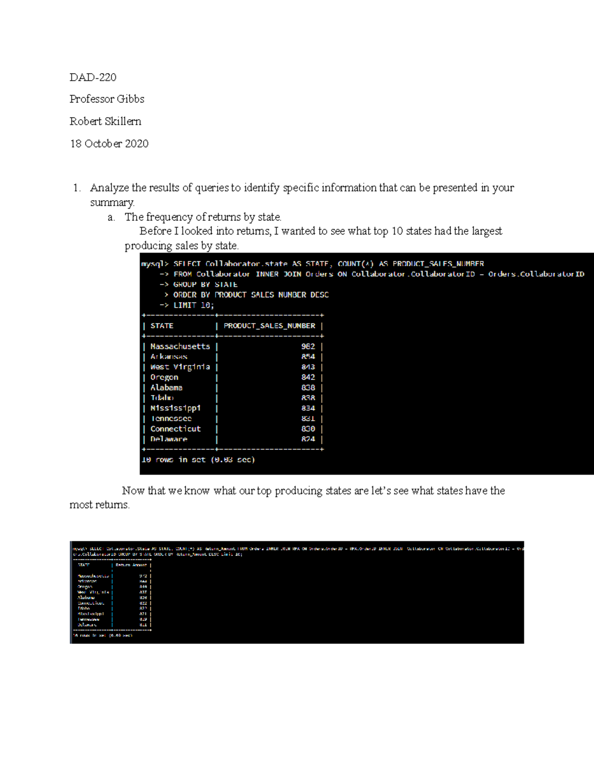 Database Final Project 2: Analyzing Returns by State and Product - Studocu