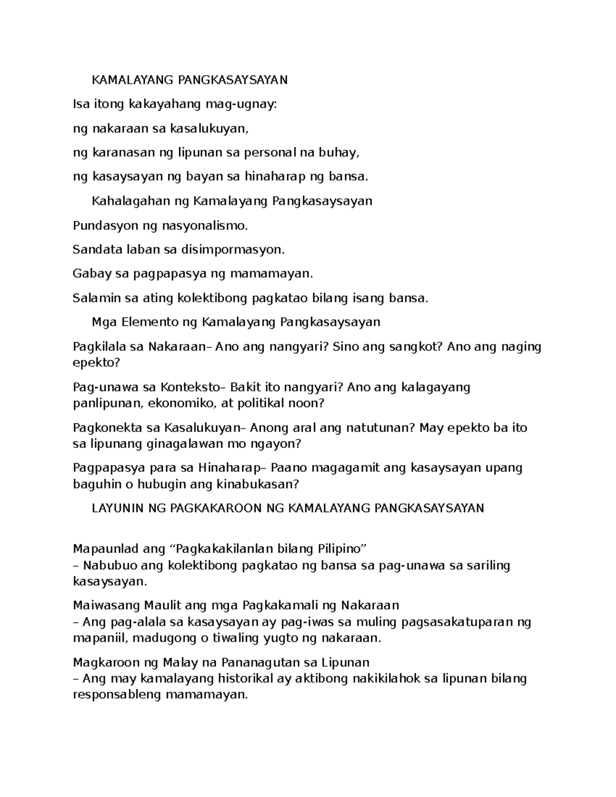 Kamalayang Pangkasaysayan: Kahalagahan at Katangian sa Lipunan - Studocu