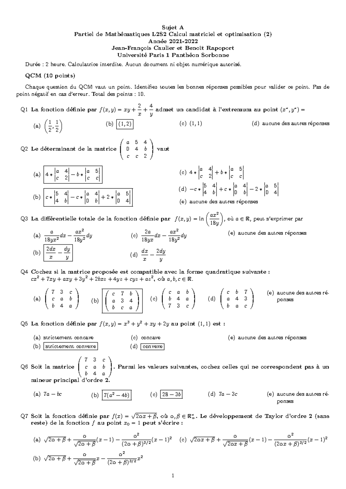 QCM Solutions - Partiel Mathématiques L2S2 Calcul Matriciel (2021 ...