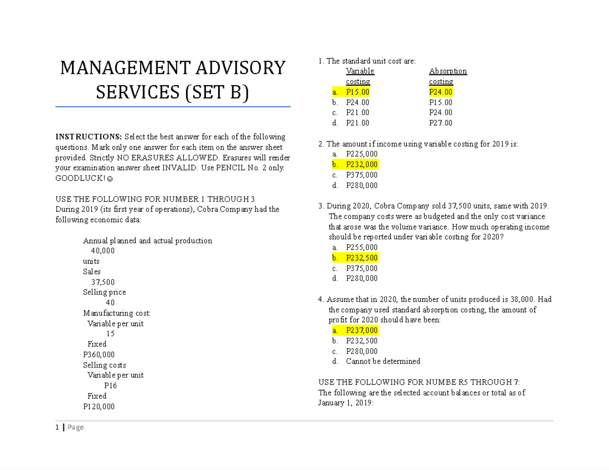 CPA Review: Management Advisory Services Exam Set B Analysis - Studocu