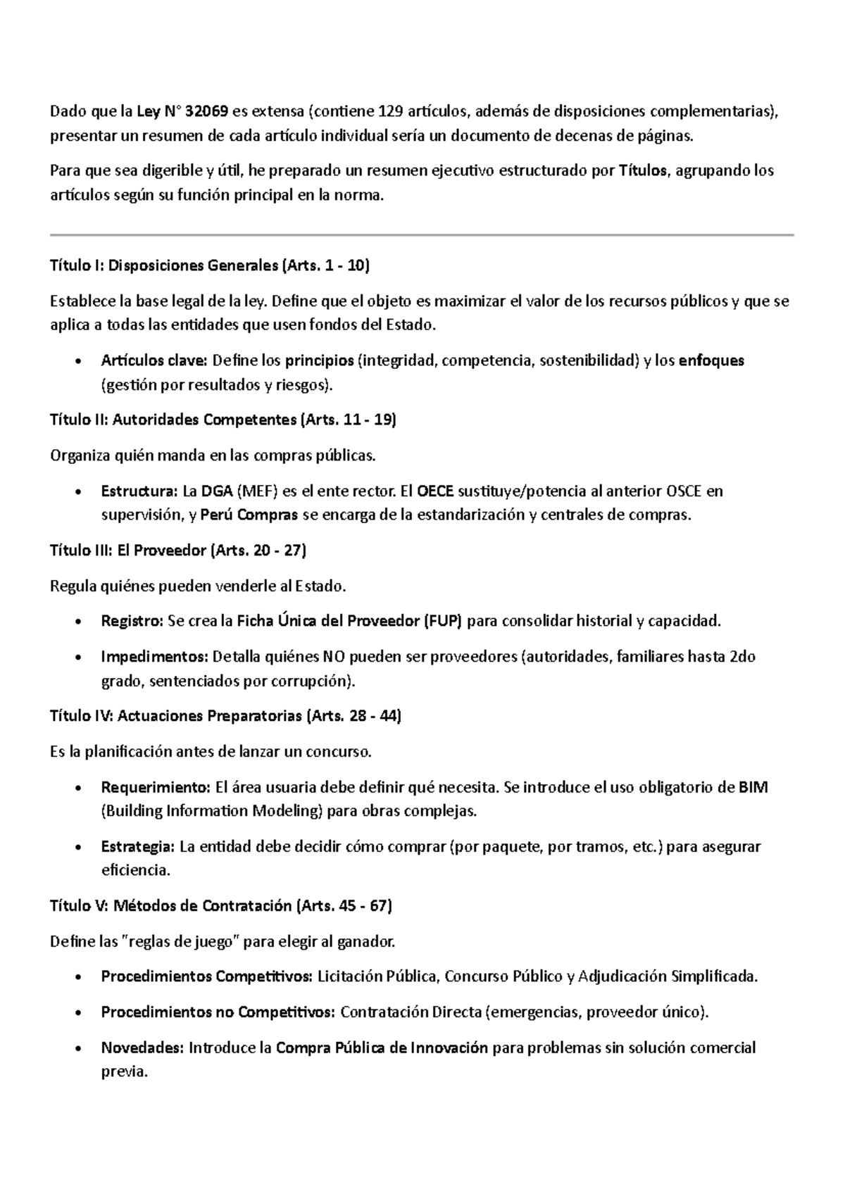Resumen Ejecutivo de la Ley 32069: Artículos y Estructura - Studocu