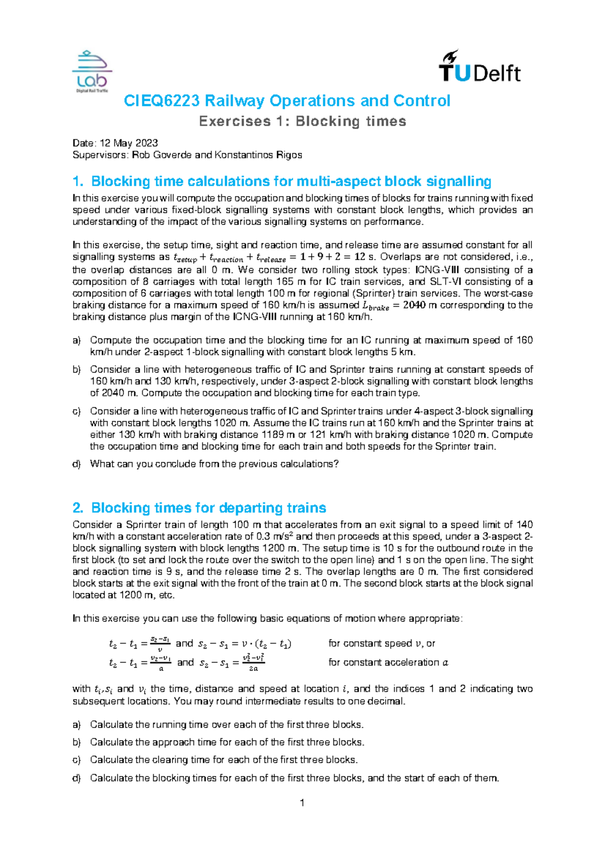 CIEQ6223 Exercises 1: Calculating Blocking Times in Railway Operations ...