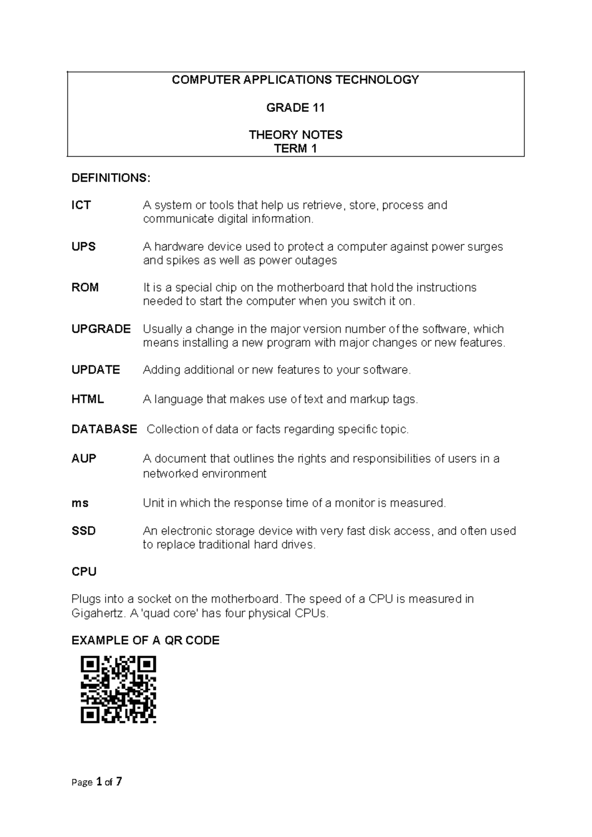 COMPUTER APPLICATIONS TECHNOLOGY GRADE 11 TERM 1 THEORY NOTES - Studocu