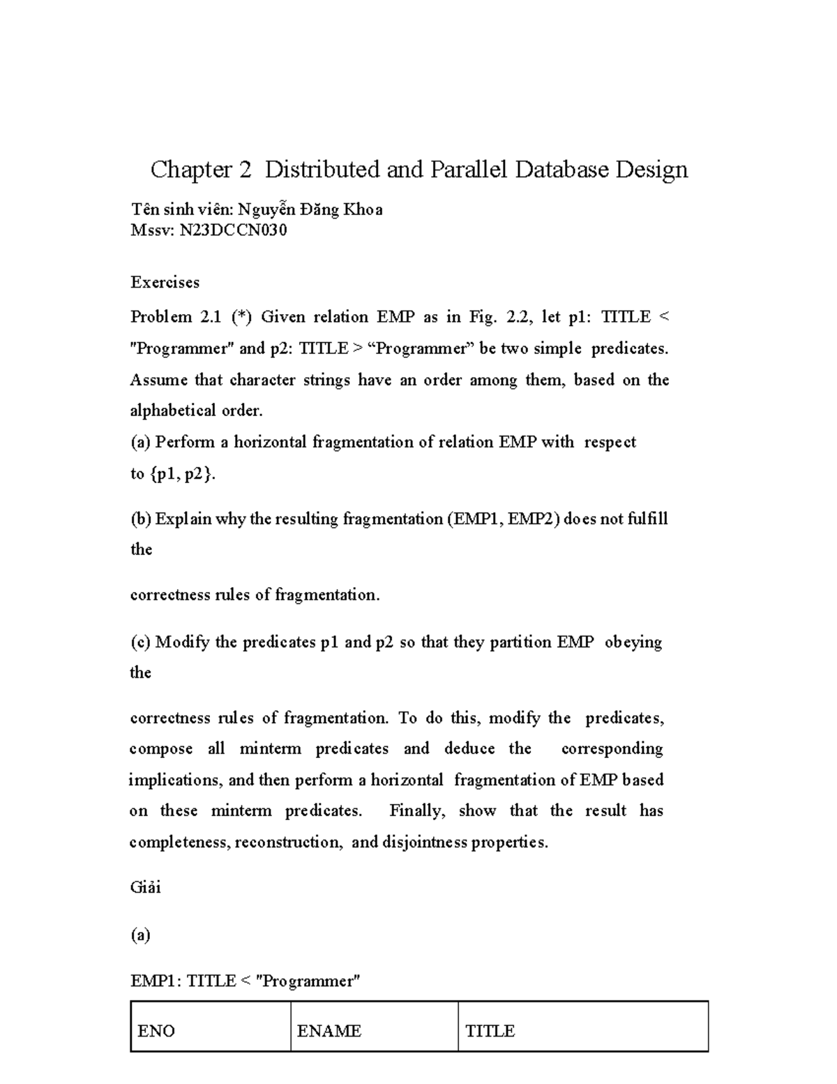 INT14148 Chapter 2 Exercises on Distributed & Parallel Database Design ...