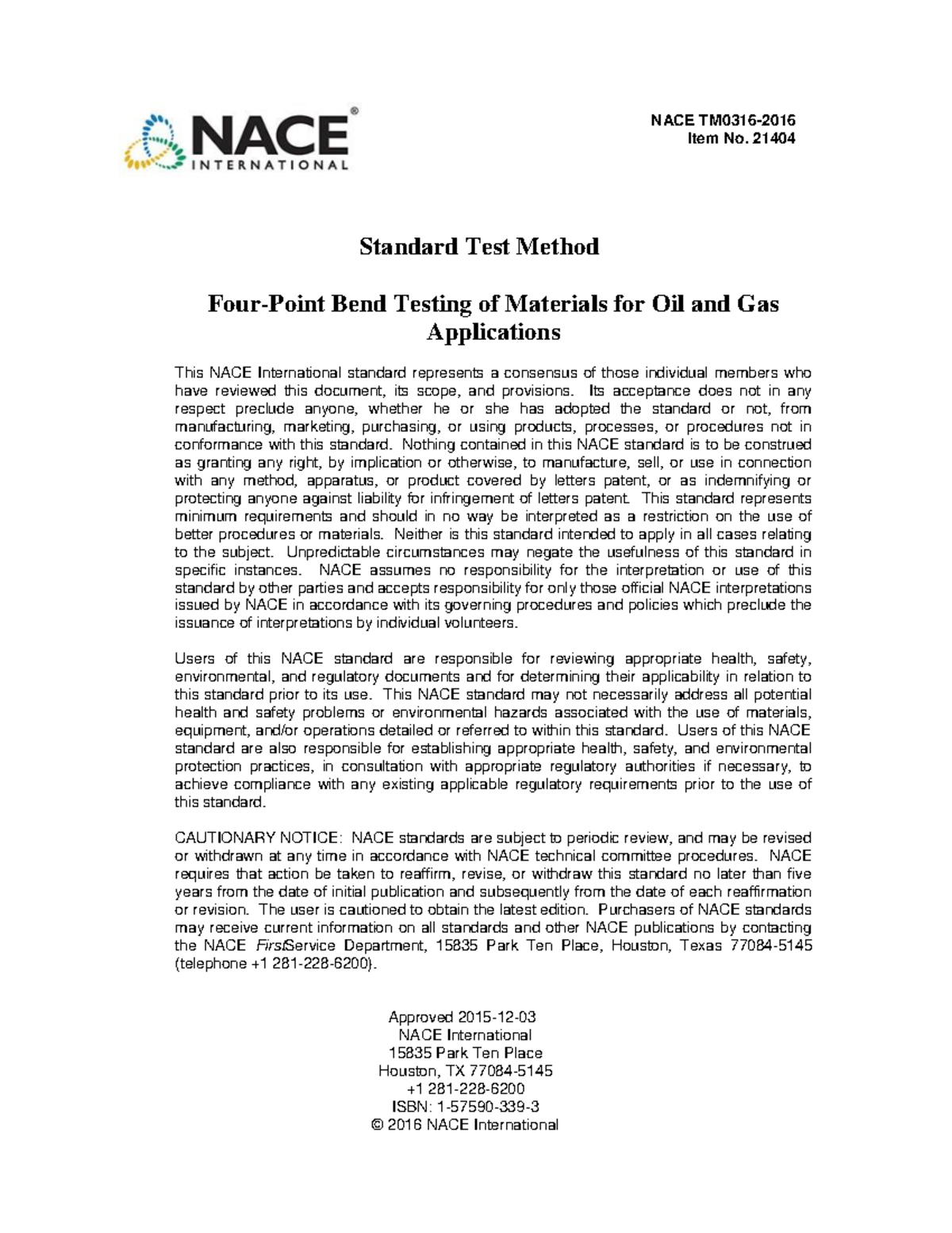 NACE TM0316 Standard Test Method for Bend Testing in Oil & Gas - Studocu
