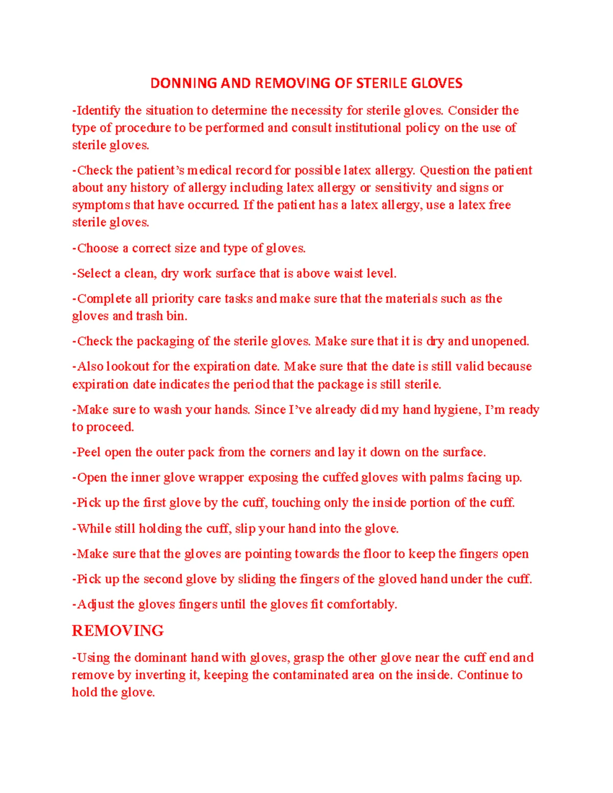 Donning and Removing Sterile Gloves script - DONNING and REMOVING ...