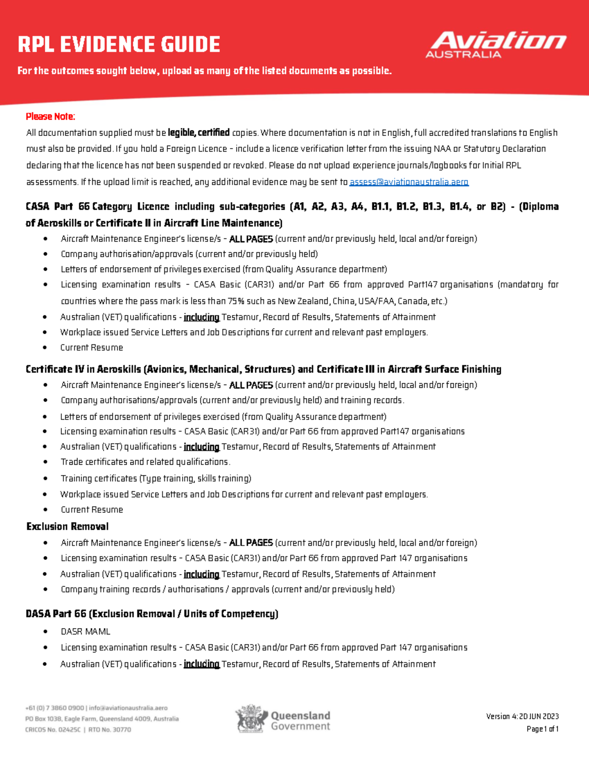 RPL Evidence Guide V4 20 JUL 2023 - RPL EVIDENCE GUIDE For the outcomes ...