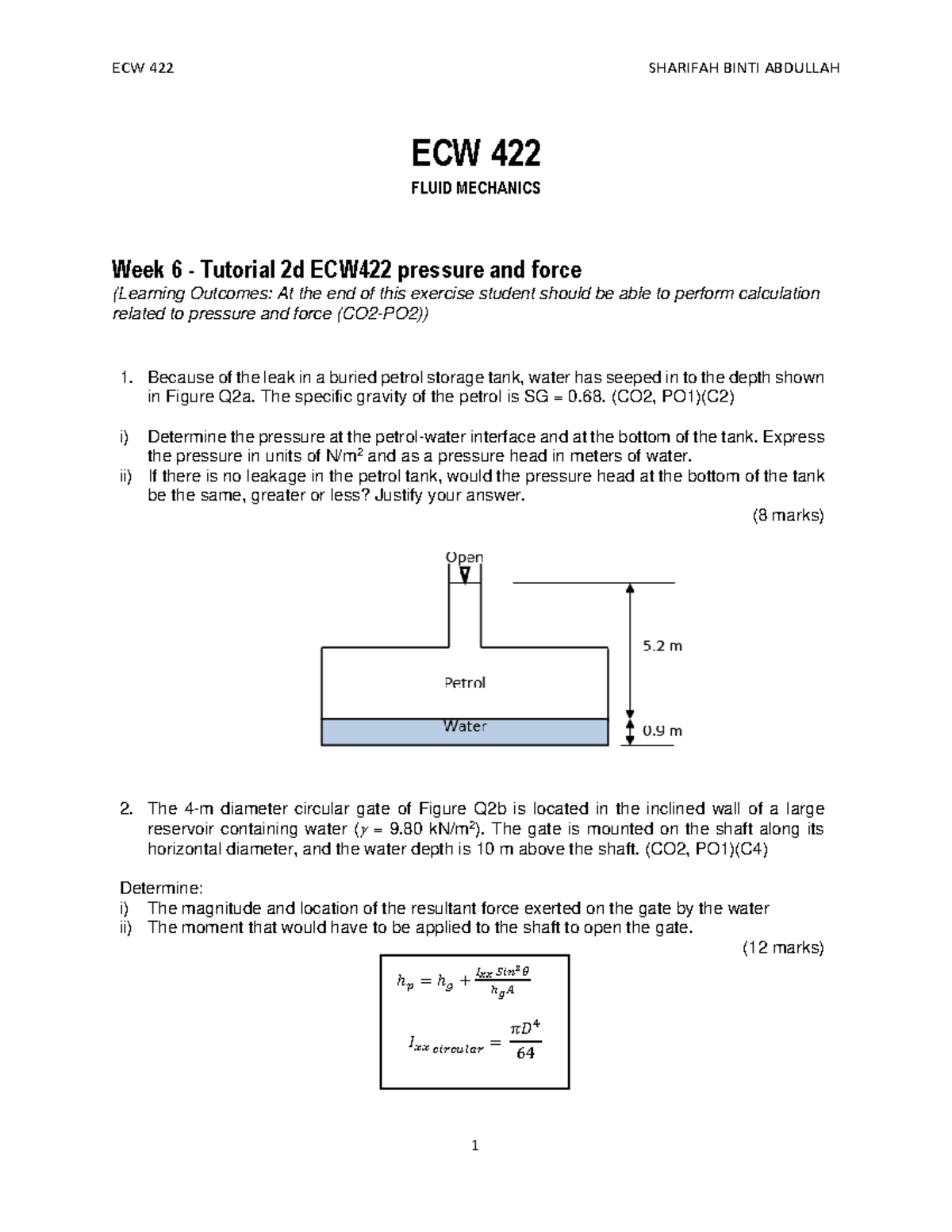 Week 6 - Tutorial 2d ECW422 pressure and force - ECW 422 FLUID ...