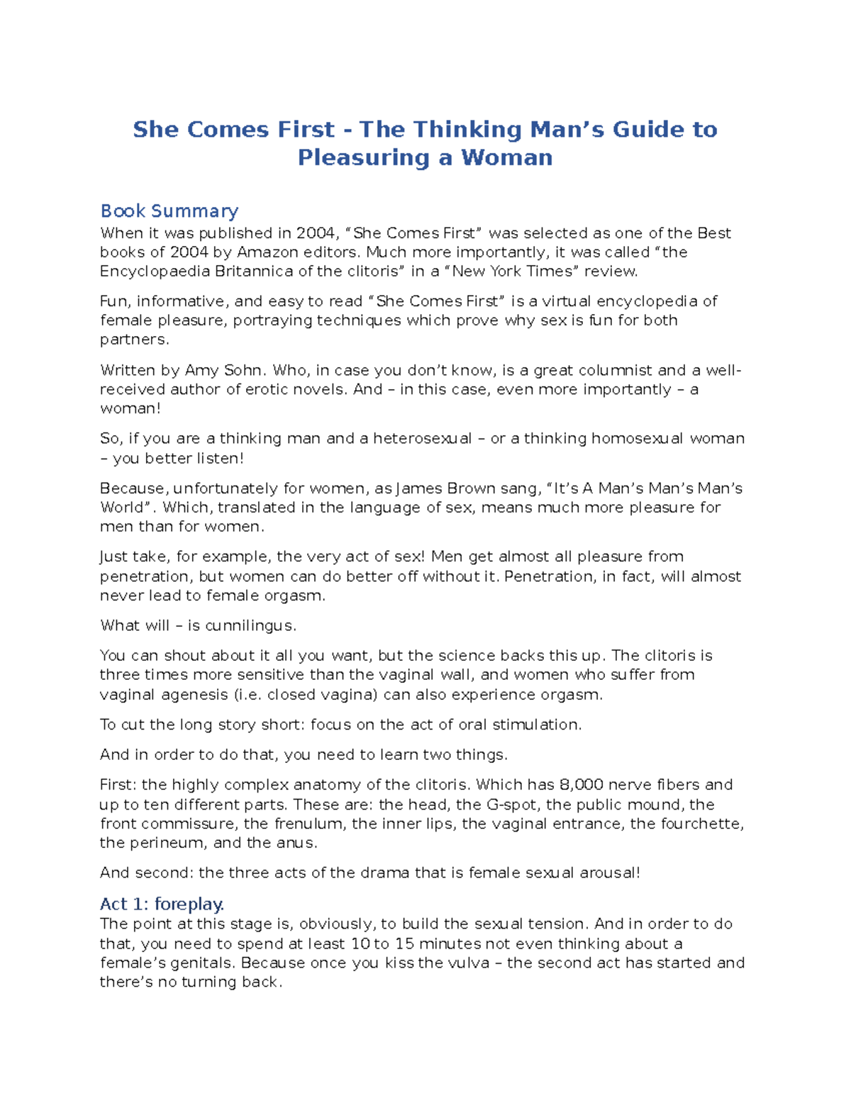 She Comes First Study Guide She Comes First The Thinking Man’s Guide to Pleasuring a Woman