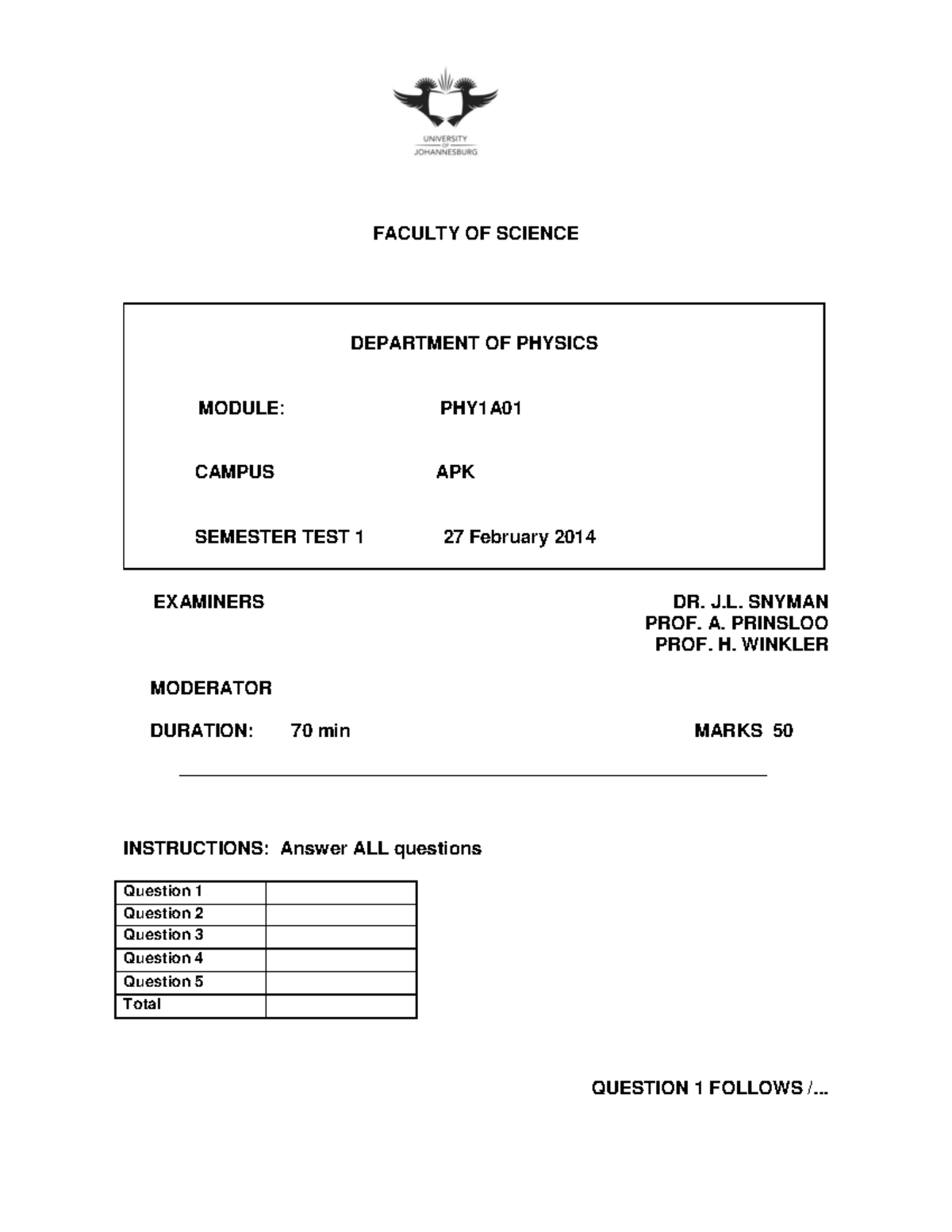 PHYE0A1 Semester Test 1 2014 Memo Analysis and Solutions - Studocu