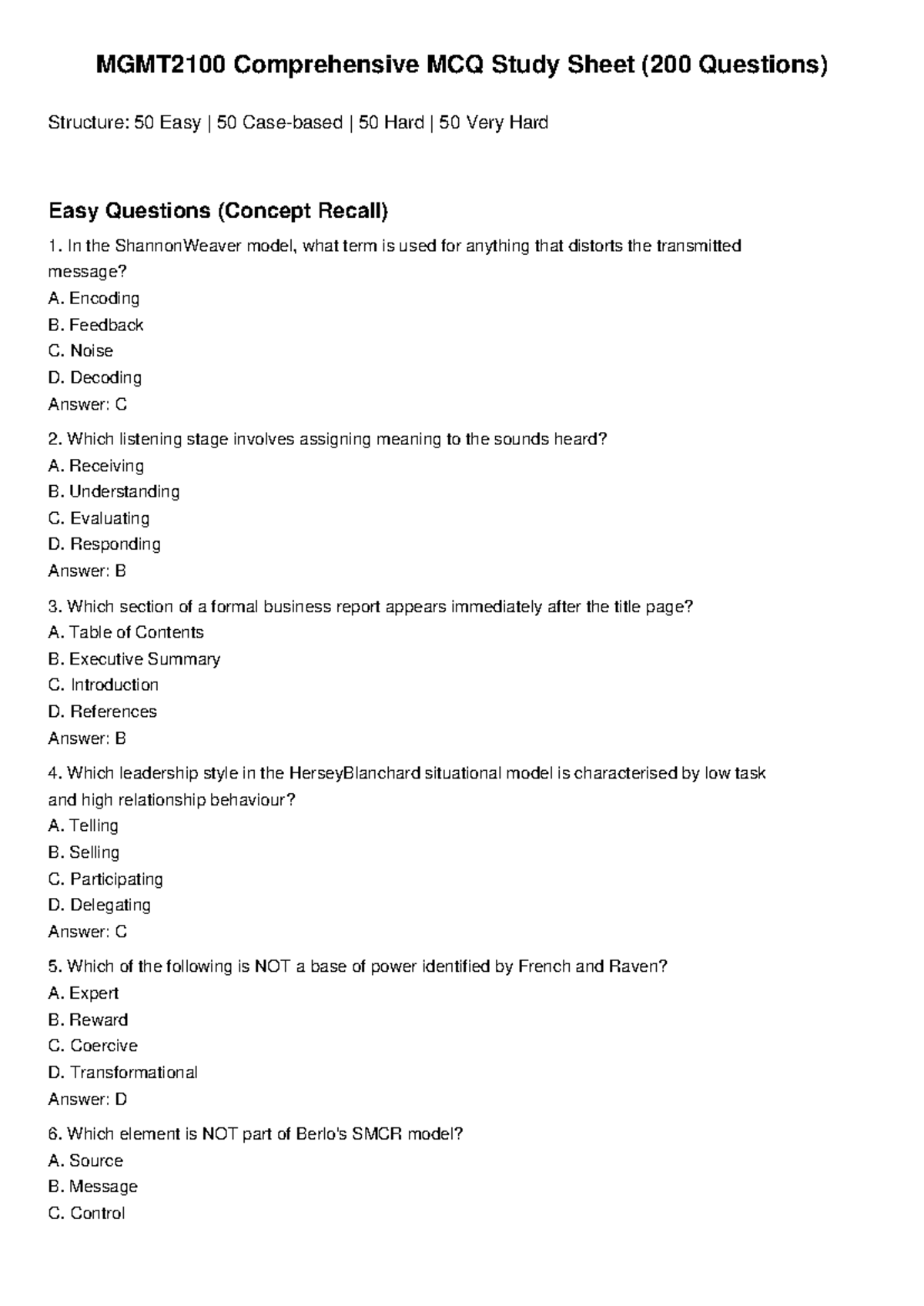 MGMT2100 Comprehensive MCQ Study Guide (200 Questions) - Studocu