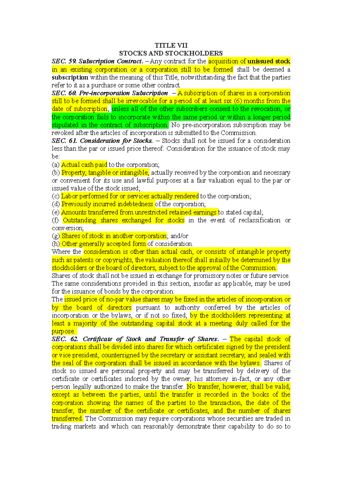 Sec59-72 Corplaw: Corporation Securities and Stockholder Rights - Studocu