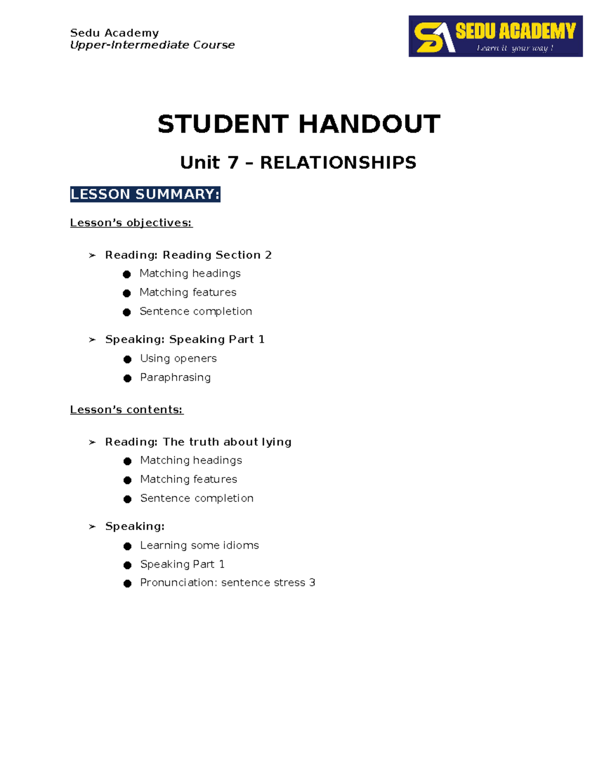 UI- Unit 7 (R+S) Handout - Upper-Intermediate Course STUDENT HANDOUT ...