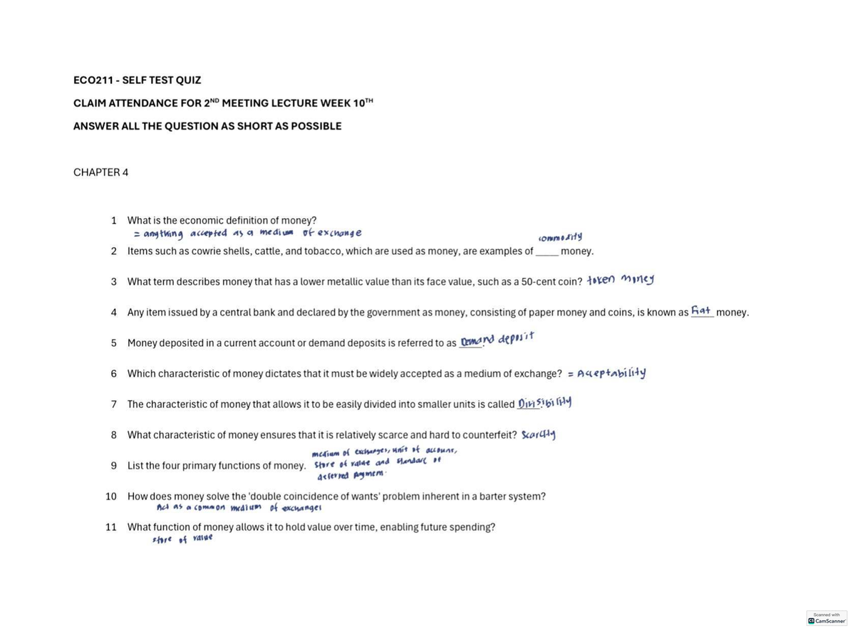 ECO211 Final Exam Self-Test Quiz: Attendance & Key Concepts Review ...