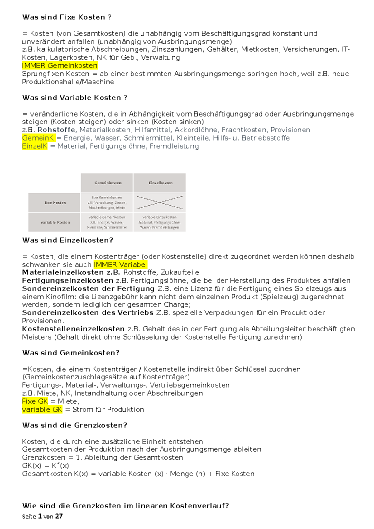 Kostenrechnung - Zusammenfassung für KLR02 - Studocu