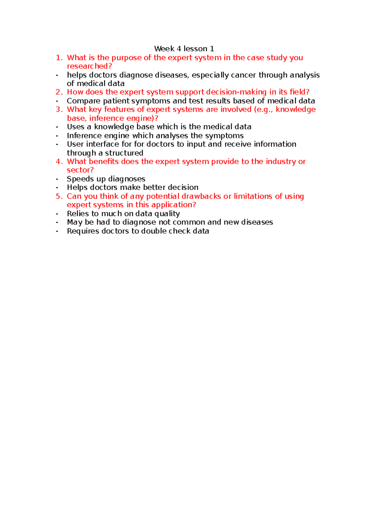 Week 4 Lesson 1: Expert Systems in Medical Diagnosis - Studocu