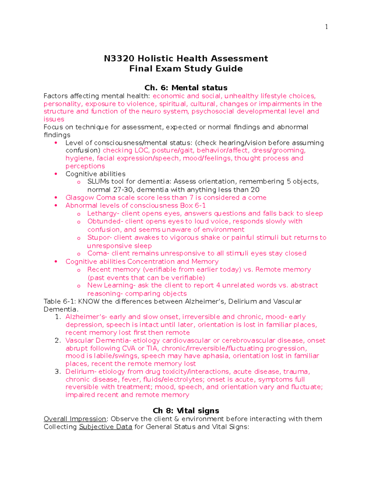 N3320 Final Exam Study Guide: Holistic Health Assessment Highlights ...
