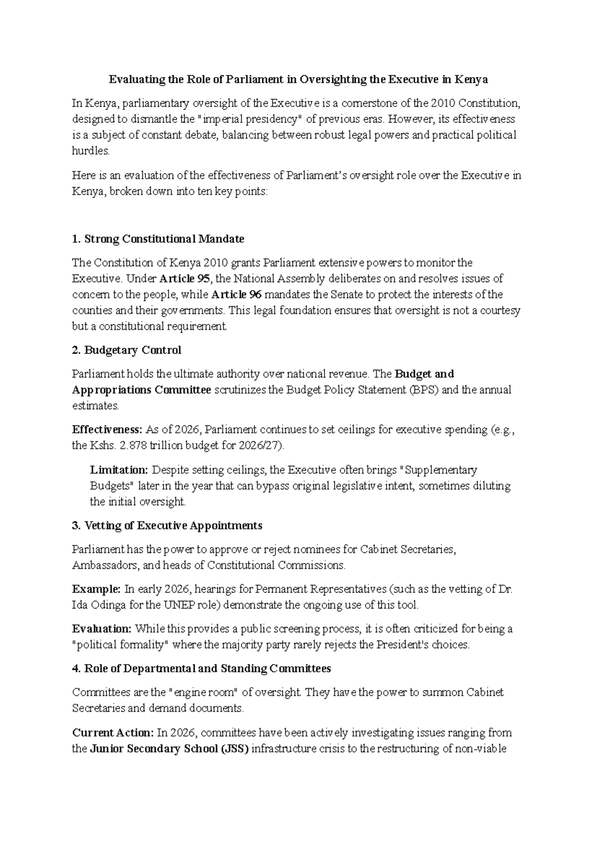 Evaluating Parliamentary Oversight of the Executive in Kenya CHS 202 ...