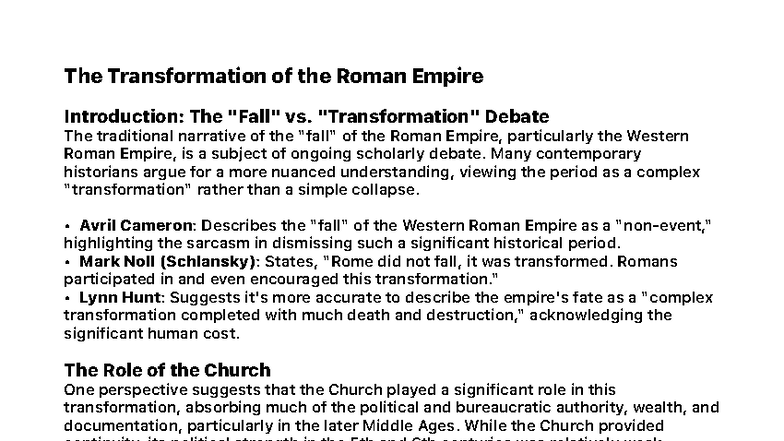 The Transformation of the Roman Empire: A Scholarly Debate - Studocu