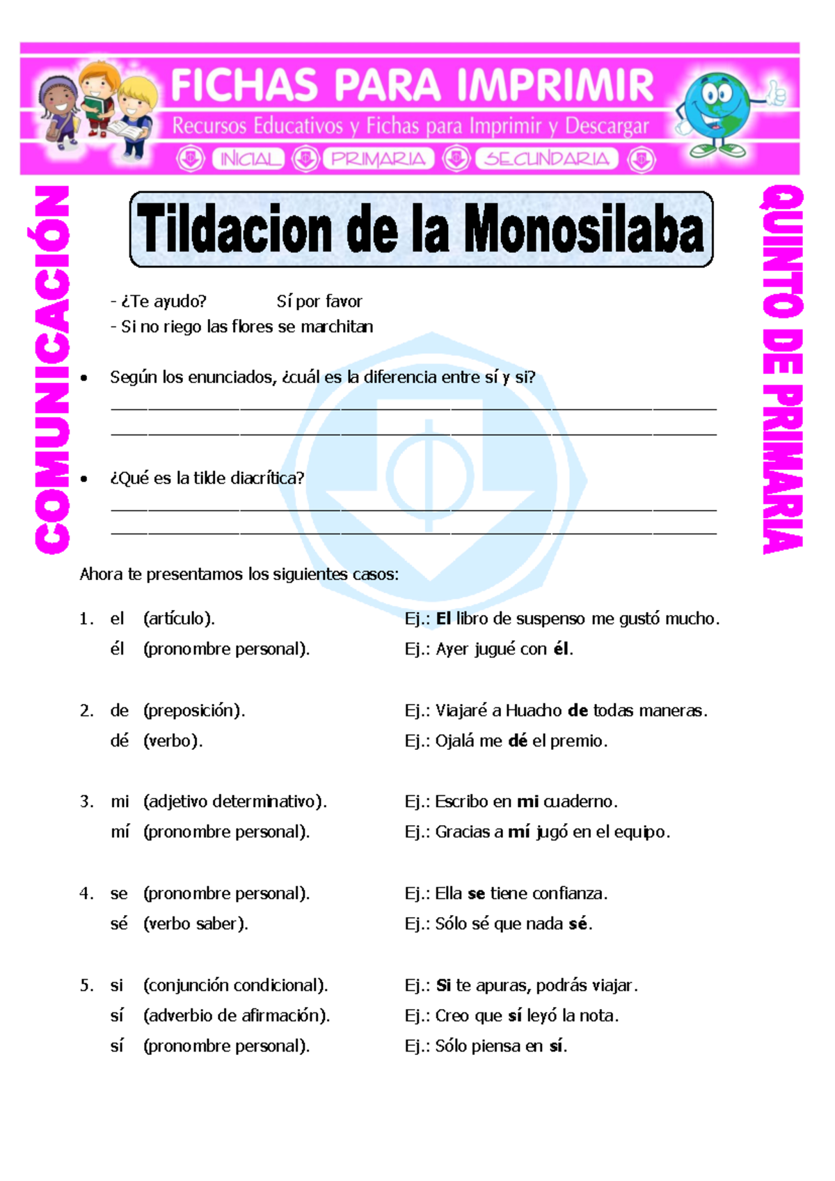 Ficha de Monosílabos con Tilde para Quinto de Primaria - Ejercicios - Document Preview