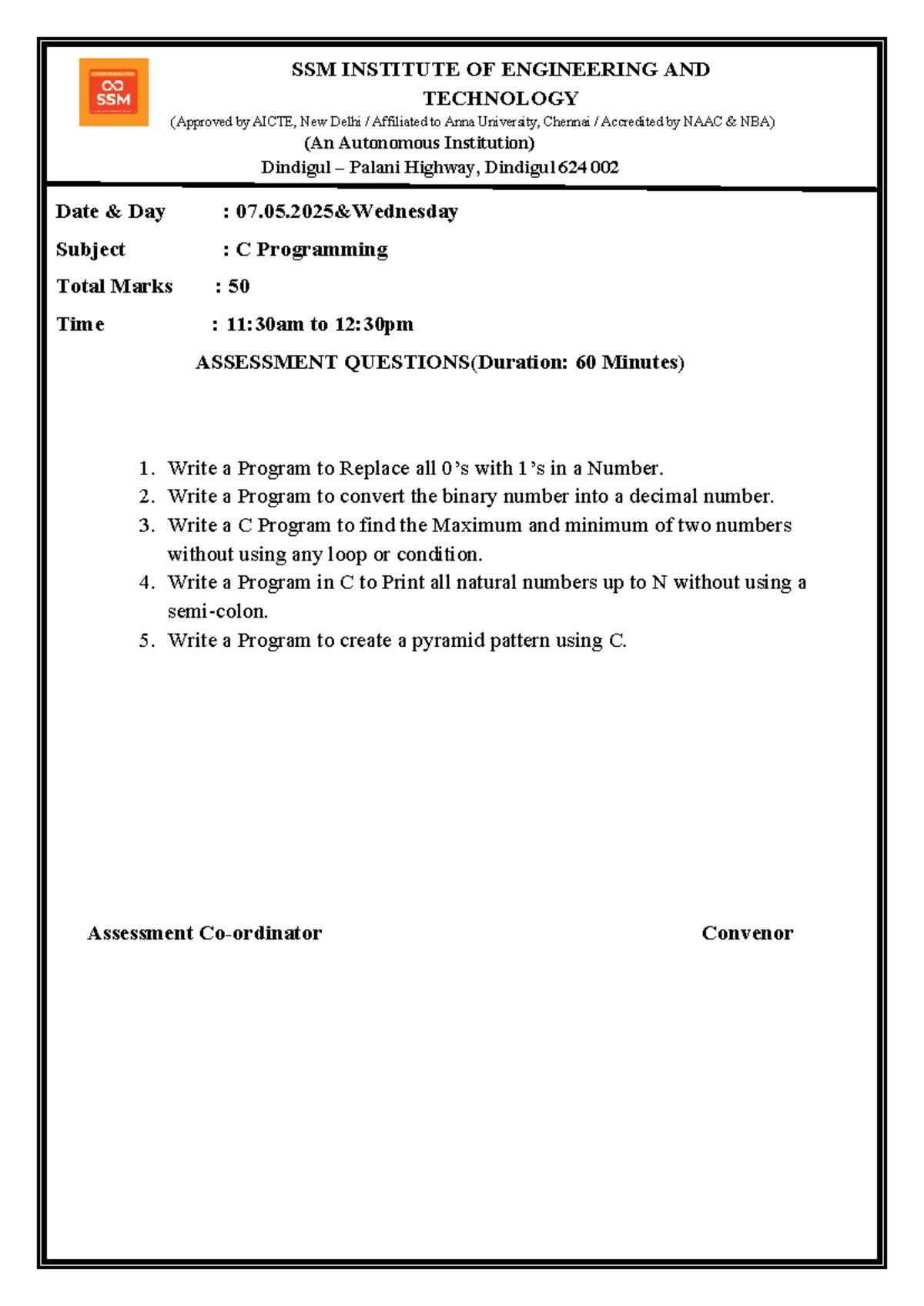 C Programming Assessment Questions - SSM Institute of Engineering - Studocu